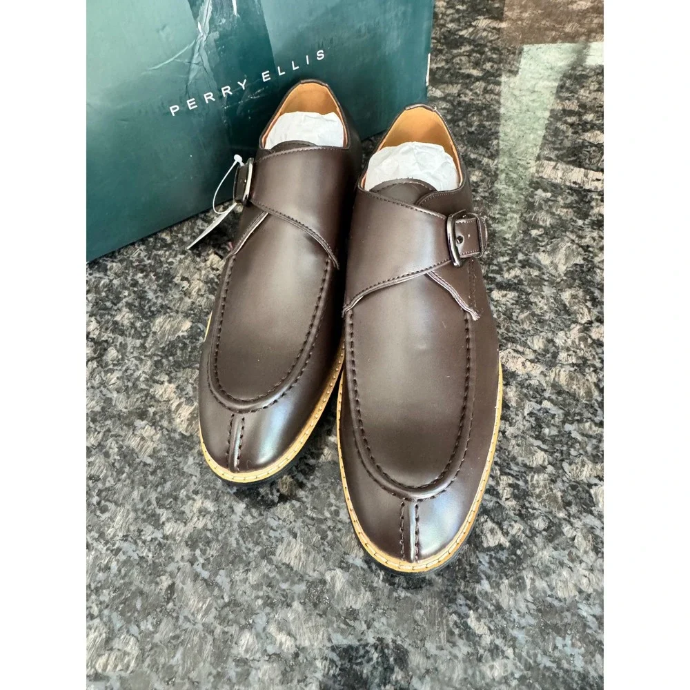 Perry Ellis Mens Monk Strap‎ Loafers Coffee Brown Dress Shoes HP22496 Size 8